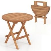 Costway 1 PC Patio Folding Side Table Indonesia Teak Wood Round Slatted Tabletop Portable Camping